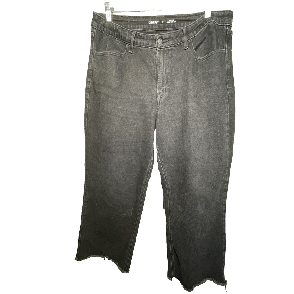 Old Navy Wide Leg Jeans Women's 16 Black Denim High Rise WOW‎ Raw Hem Cut offs
